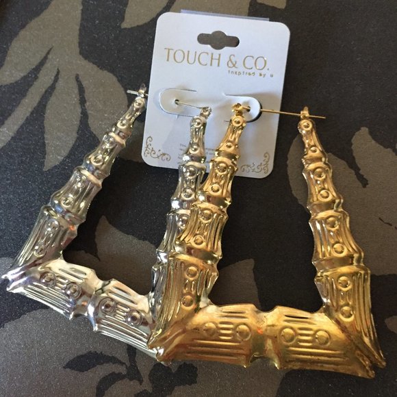 Statement Metal Bamboo Rectangular Hoop Ear Rings - Picture 2 of 8